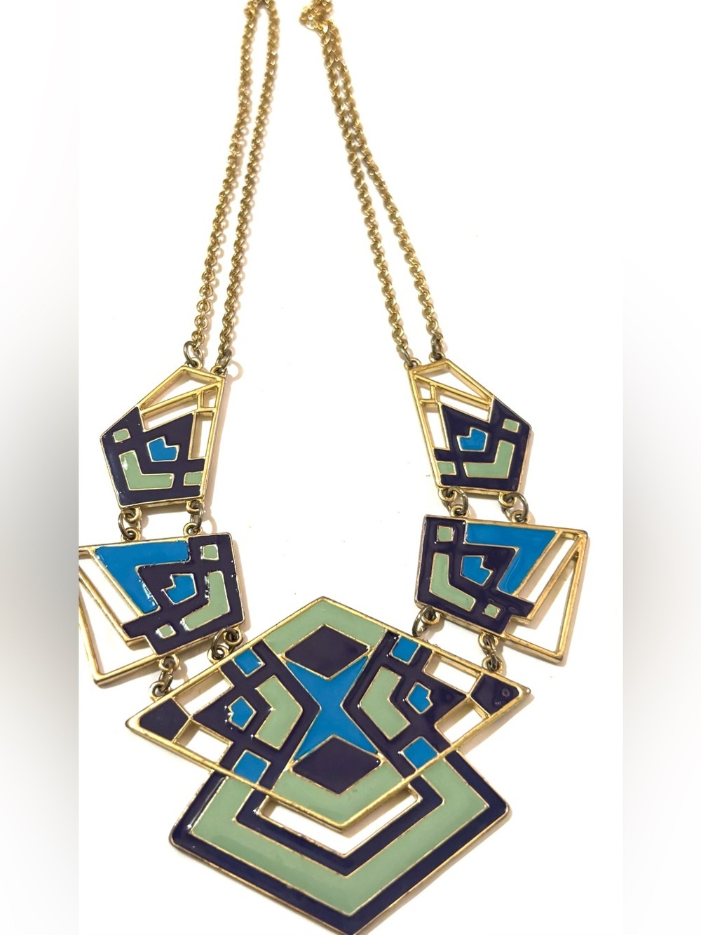 Fashion Jewelry Gold-Tone Geometric Necklace in Blue, Teal & Navy